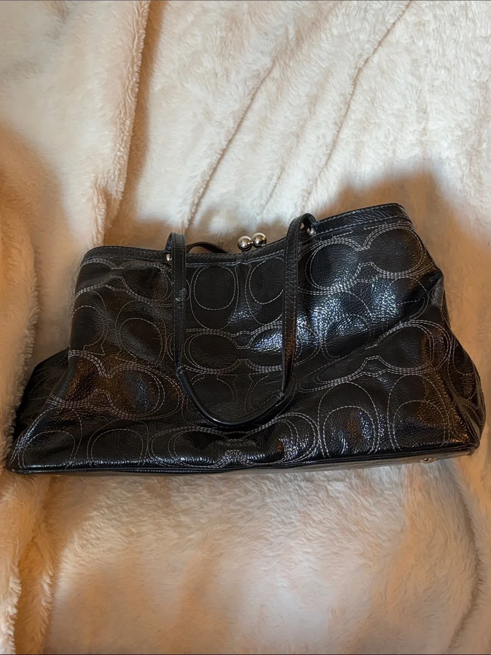 Coach Black Patent Leather Tote with Signature Graphic